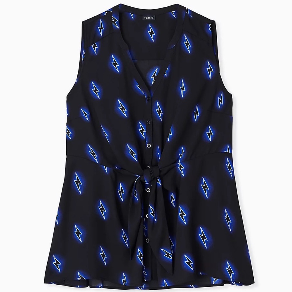 Torrid size 3 Electric Blue Bolts Georgette Peplum Tie Front Sleeveless Blouse.